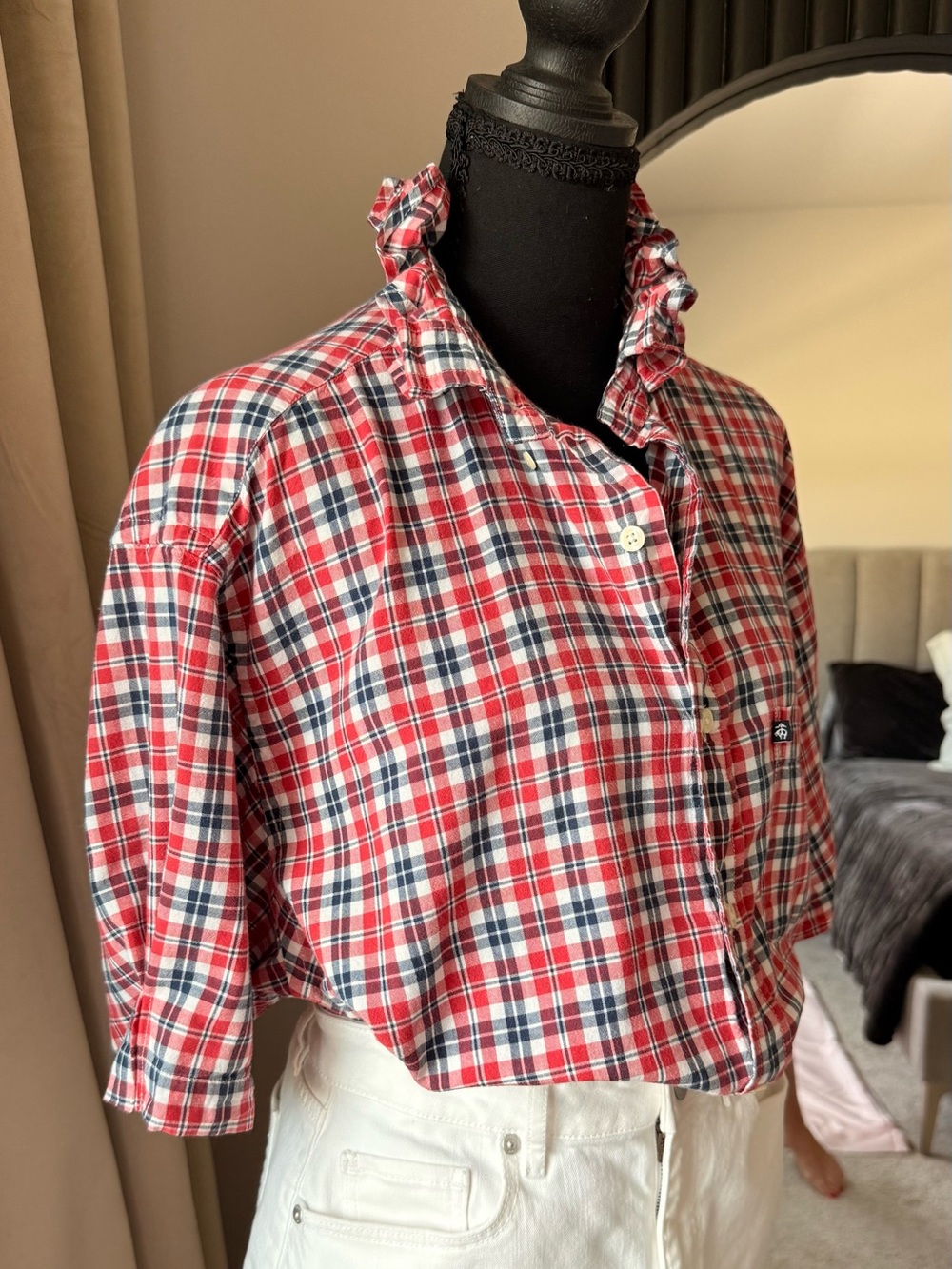 LG Red, Navy Plaid Upcycle Ruffle Button-Down Blouse XL